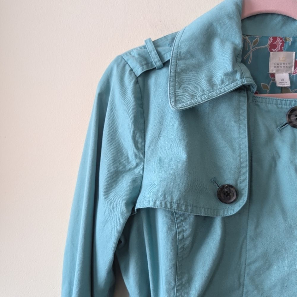 LC Lauren Conrad Bow Trench Coat Mint Teal Size 10 - Picture 4 of 8